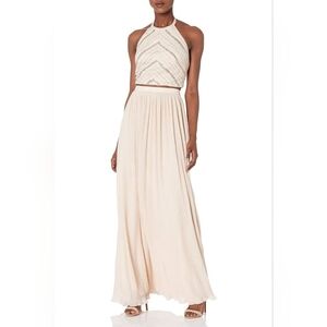 Aidan Matyox Elegant Cream Halter Top and Maxi Skirt Set